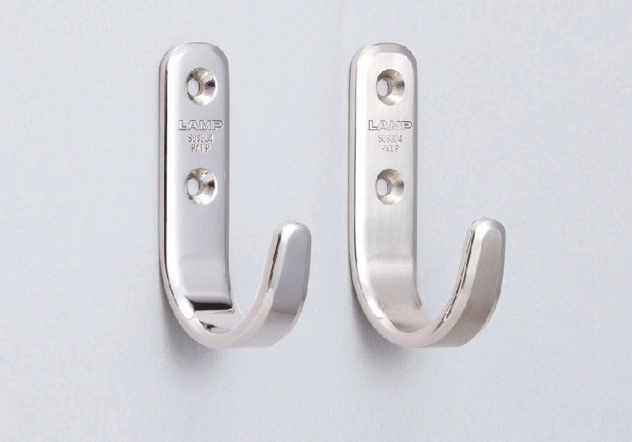 High-quality stainless steel hook, made of solid stainless steel, load capacity: 8 kg, surface: glossy polished, 70 mm (2.8"), XL-HJT70M. Stainless steel wall hook for coat racks, bathrooms, outdoor areas, and much more, by Sugatsune / LAMP® (Japan)
