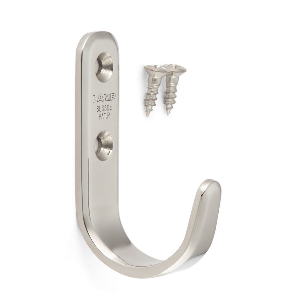 High-quality stainless steel hook, made of solid stainless steel, load capacity: 8 kg, surface: glossy polished, 70 mm (2.8"), XL-HJT70M. Stainless steel wall hook for coat racks, bathrooms, outdoor areas, and much more, by Sugatsune / LAMP® (Japan)