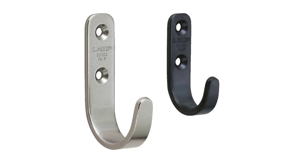 High-quality stainless steel hook, made of solid stainless steel, load capacity: 8 kg, finish: black, 70 mm (2.8"), HJT-70SBL. Stainless steel wall hook for coat racks, bathrooms, outdoor areas, and much more, from Sugatsune / LAMP® (Japan)