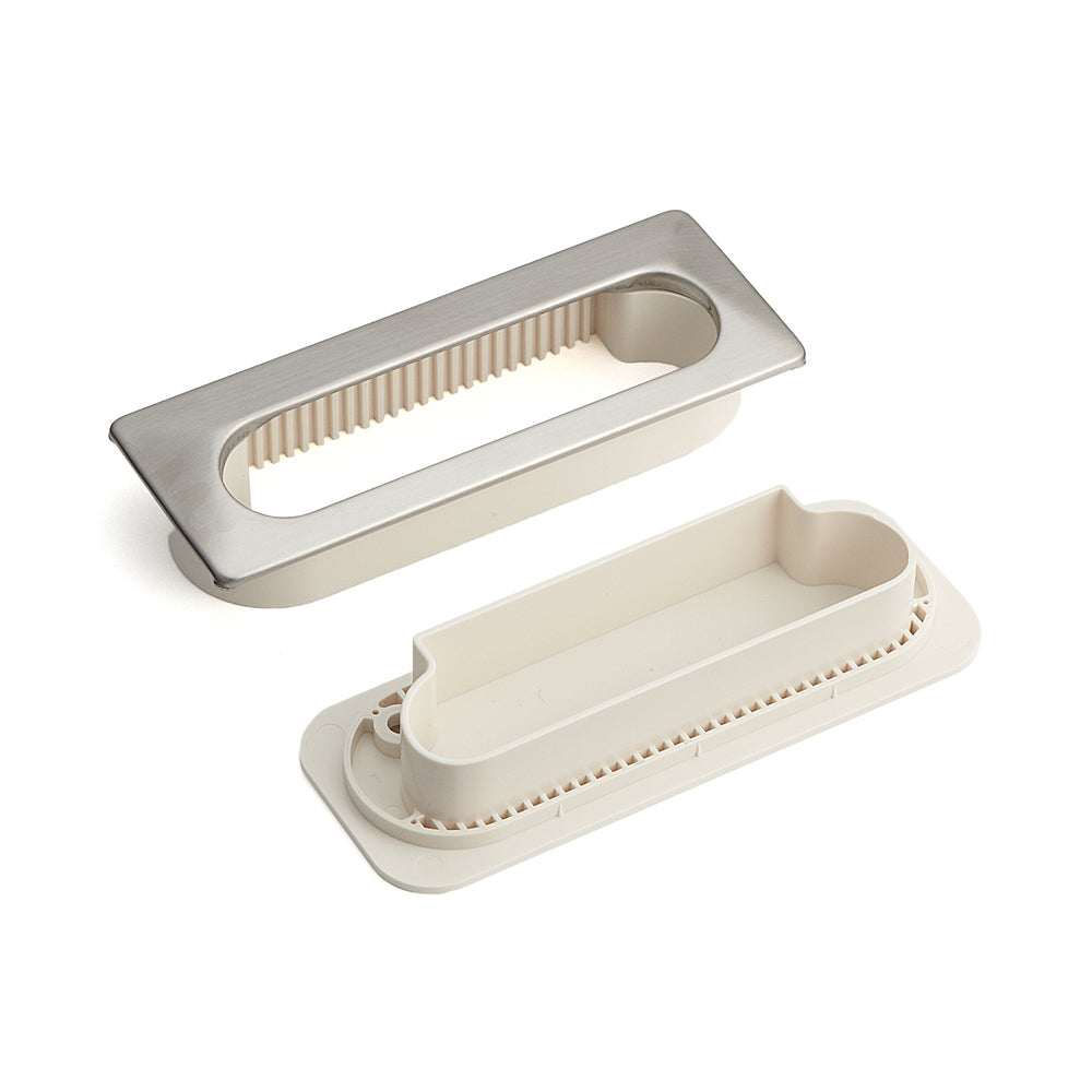 Unique V2A (SUS304) vented pull, ivory, 105 mm (4.2") UTA-105IV. Vented pull made of stainless steel V2A (SUS304), satin finish, for drawers, cabinets, humid environments, ships from Sugatsune / LAMP® (Japan)