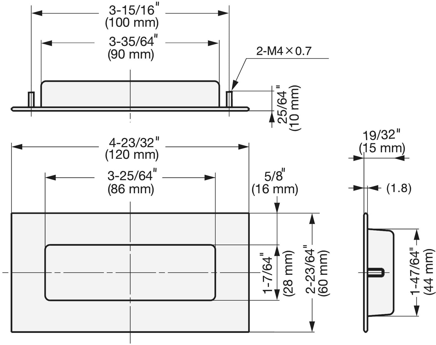 Exclusive SUS304 stainless steel flush pull, 120 mm (4.8") HH-AS2. Stainless steel flush pull made of V2A stainless steel, satin finish, for drawers, cabinets, humid environments, ships, machinery, and appliances from Sugatsune / LAMP® (Japan).