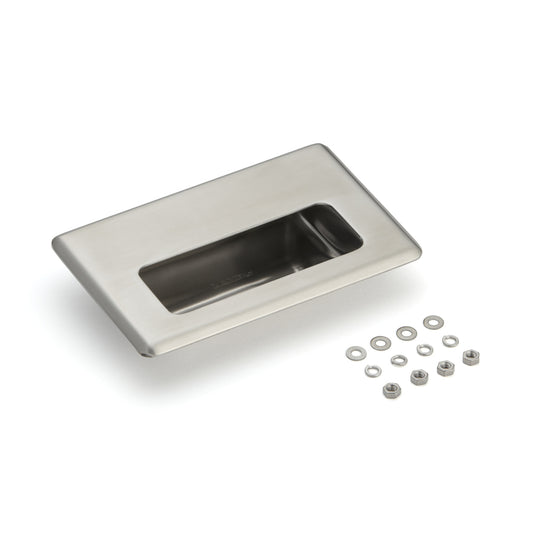 Exclusive SUS304 stainless steel flush pull, 138 mm (5.5") HH-FB-1. Stainless steel flush pull made of V2A stainless steel, satin finish, for drawers, cabinets, humid environments, ships, machinery, and appliances from Sugatsune / LAMP® (Japan).