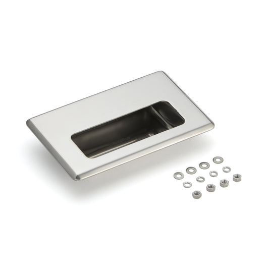 Exclusive SUS304 stainless steel flush pull, 138 mm (5.5") HH-FB-1M. Stainless steel flush pull made of V2A stainless steel, polished finish, for drawers, cabinets, humid environments, ships, machinery, and appliances from Sugatsune / LAMP® (Japan).