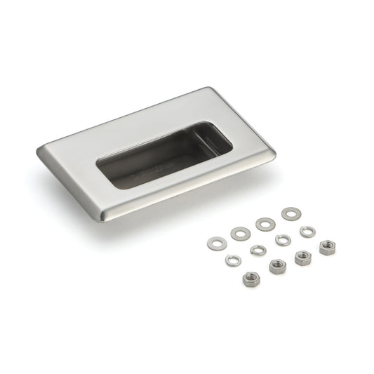 Exclusive SUS304 stainless steel flush pull, 94 mm (3.8") HH-FB-3M. Stainless steel flush pull made of V2A stainless steel, polished finish, for drawers, cabinets, humid environments, ships, machinery, and appliances from Sugatsune / LAMP® (Japan).