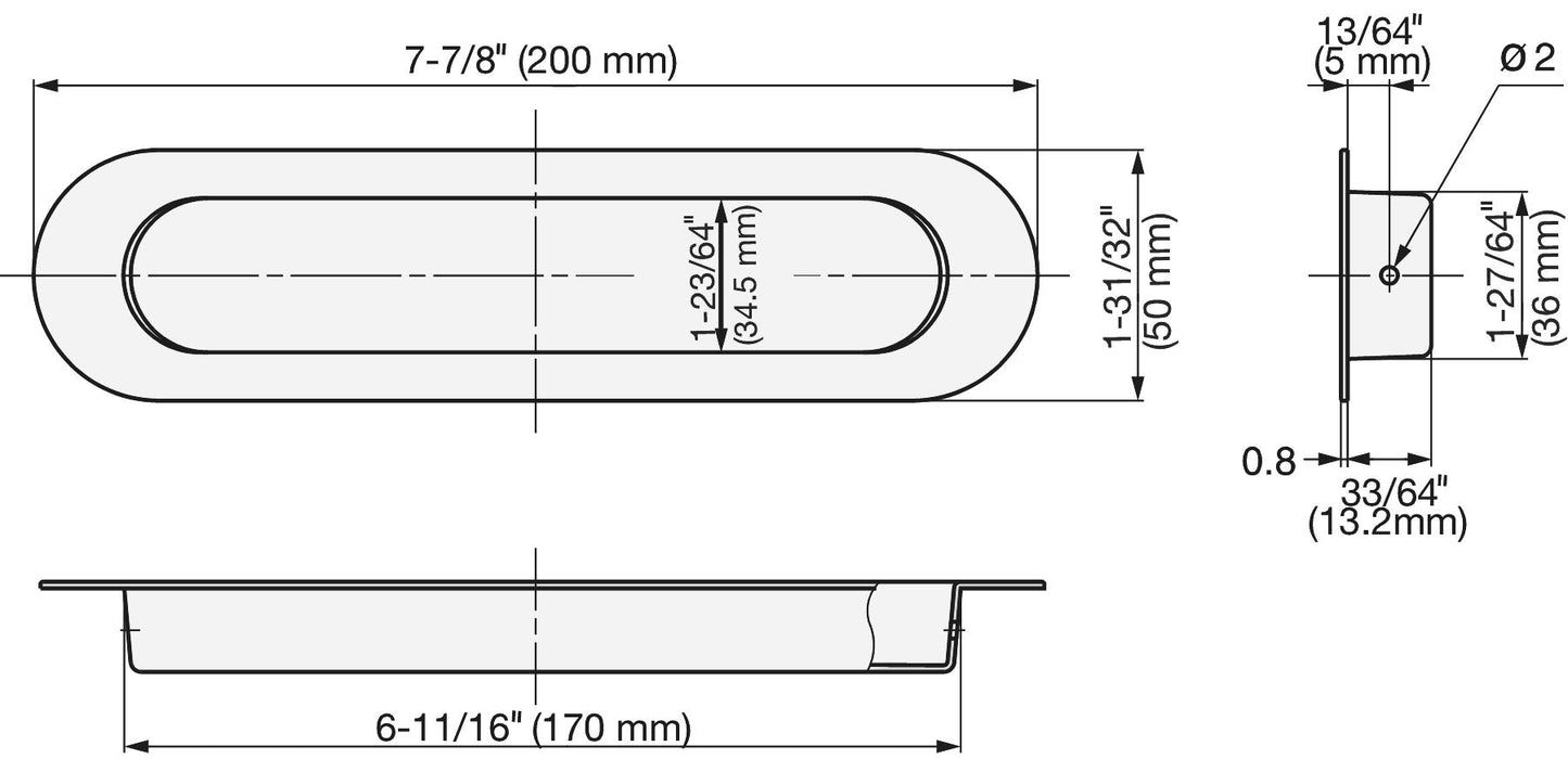 Exclusive oval stainless steel SUS304 handle, 200 mm (7.9") HN-200SH. Oval stainless steel V2A handle, satin finish, for drawers, cabinets, humid environments, ships, yachts, and caravans from Sugatsune / LAMP® (Japan)