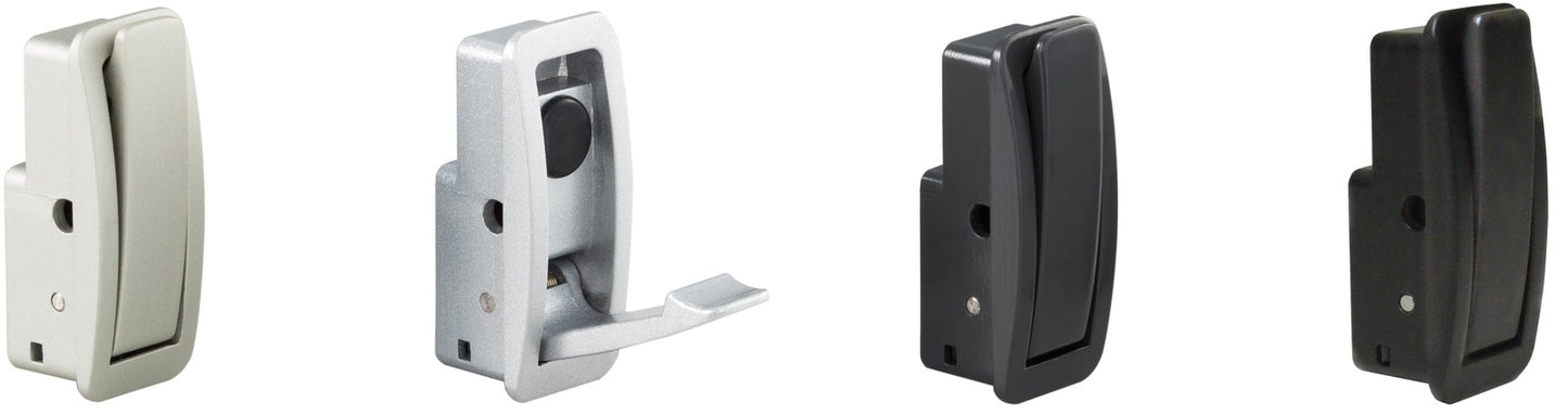 Hochwertiger Federklapphaken zum Einlassen, Oberfläche: Champagner, 60 mm (2,4″), Ausführung: mit Soft-Close Schließdämpfung, NF-60D-SL. Klapphaken mit Schließautomatik und Soft-Close für Caravan, Yacht und viel mehr, von Sugatsune / LAMP® (Japan)