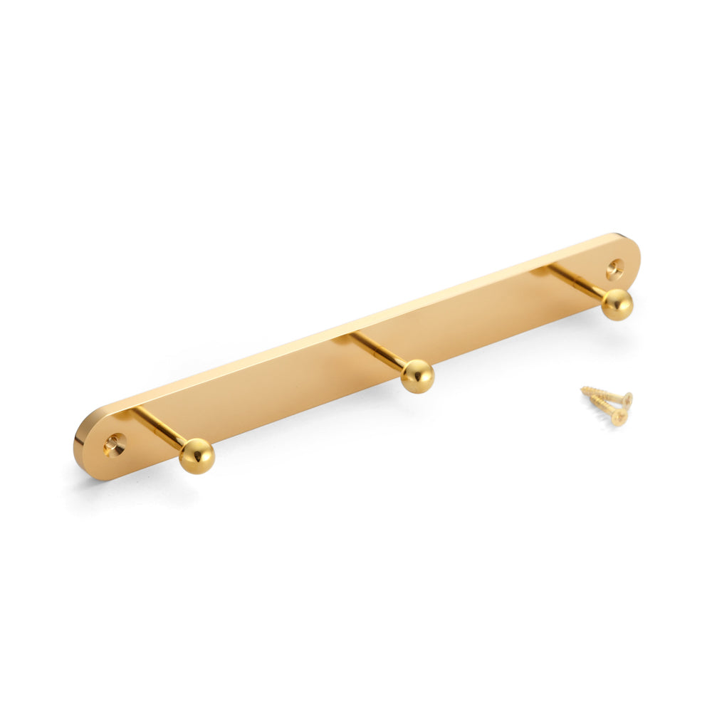 High-quality coat rack with three hooks and spherical hook tips, finish: gold-colored, 240 mm (9.5"), MBF240-G. Clothes rail for hallways, offices, hotels, restaurants, bedrooms, and much more, from Sugatsune / LAMP® (Japan)