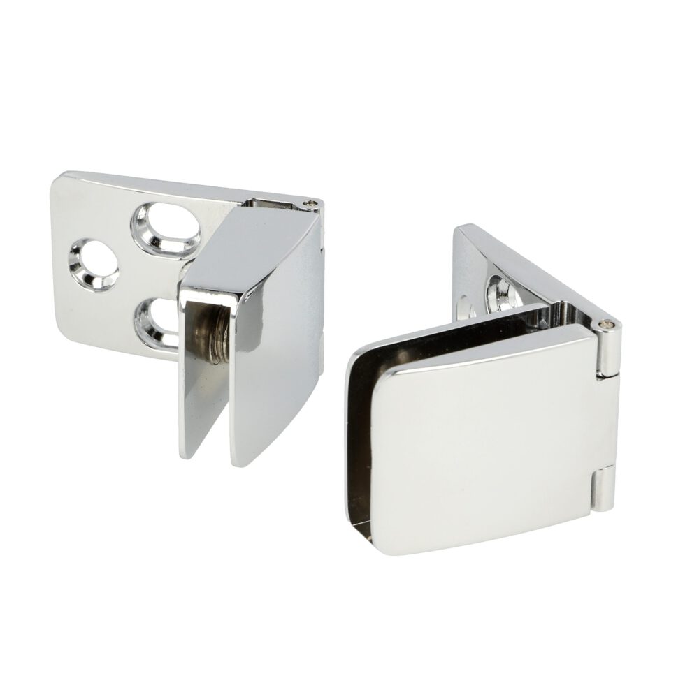 High-quality glass door hinges for inset glass doors, chrome-plated. Two high-quality SQUARE II glass door hinges (1 upper and 1 lower glass hinge) from SISO / Denmark