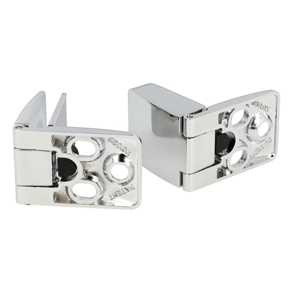 High-quality glass door hinges for inset glass doors, chrome-plated. Two high-quality SQUARE II glass door hinges (1 upper and 1 lower glass hinge) from SISO / Denmark