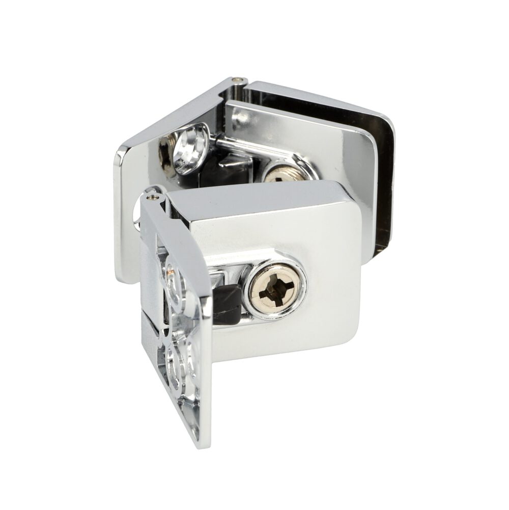 High-quality glass door hinges for inset glass doors, chrome-plated. Two high-quality SQUARE II glass door hinges (1 upper and 1 lower glass hinge) from SISO / Denmark