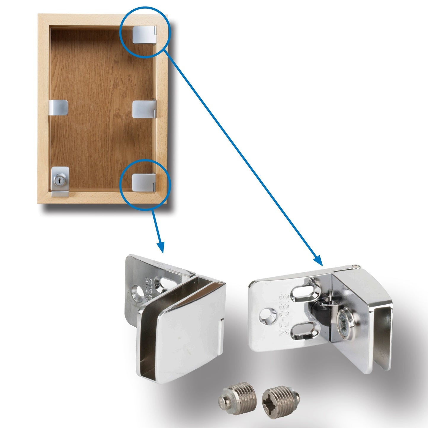High-quality glass door hinges for inset glass doors, chrome-plated. Two high-quality SQUARE II glass door hinges (1 upper and 1 lower glass hinge) from SISO / Denmark