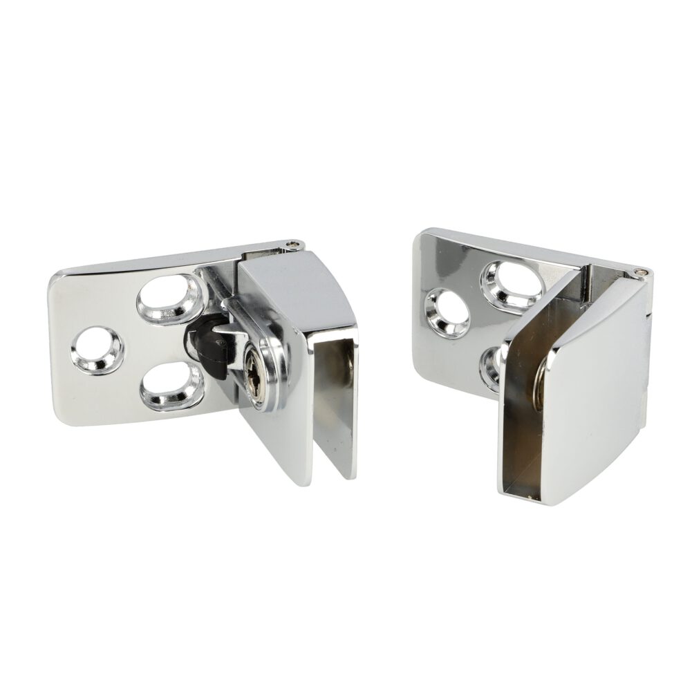 High-quality glass door hinges for inset glass doors, chrome-plated. Two high-quality SQUARE II glass door hinges (1 upper and 1 lower glass hinge) from SISO / Denmark