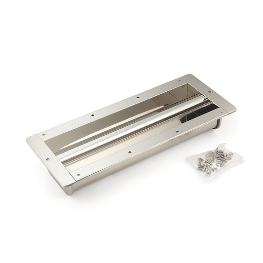 Large stainless steel pull handle V2A (SUS304), 460 mm (18.2") HH-M400. High-quality, solid and robust stainless steel pull handle made of V2A (SUS304) with a glossy finish, for large doors, ships, and special vehicles from Sugatsune / LAMP® (Japan).