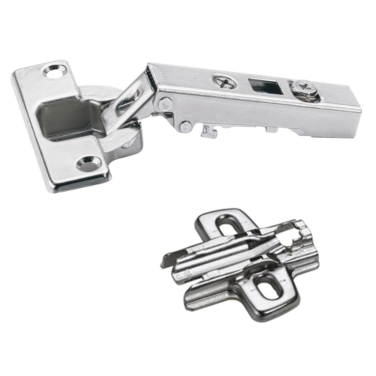 Charnière Hettich Intermat 110° 48049, schéma de perçage 52 x 5,5 mm avec plaque de montage en forme de croix. Charnière de meuble Intermat 9943, pour porte standard (porte en bois), porte à cadre en bois, porte à cadre en aluminium, à visser, par Hettich