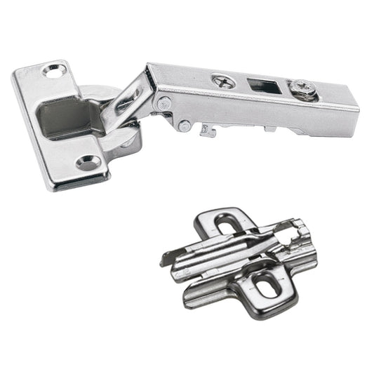 Charnière Hettich Intermat 110° 48049, schéma de perçage 52 x 5,5 mm avec plaque de montage en forme de croix. Charnière de meuble Intermat 9943, pour porte standard (porte en bois), porte à cadre en bois, porte à cadre en aluminium, à visser, par Hettich