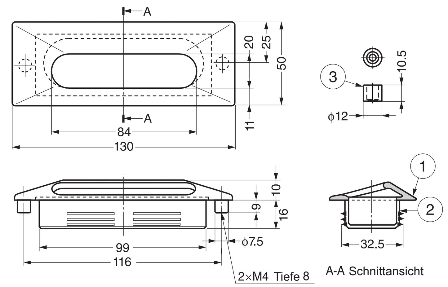 High-quality rectangular recessed pull made of solid zinc alloy, finish: bronze, 130 mm (5.2") UTZ-130SCP. Furniture handle UTZ-130SCP for sheet metal, wood, drawers, cabinets, office furniture, and bedroom furniture, by Sugatsune / LAMP® (Japan)