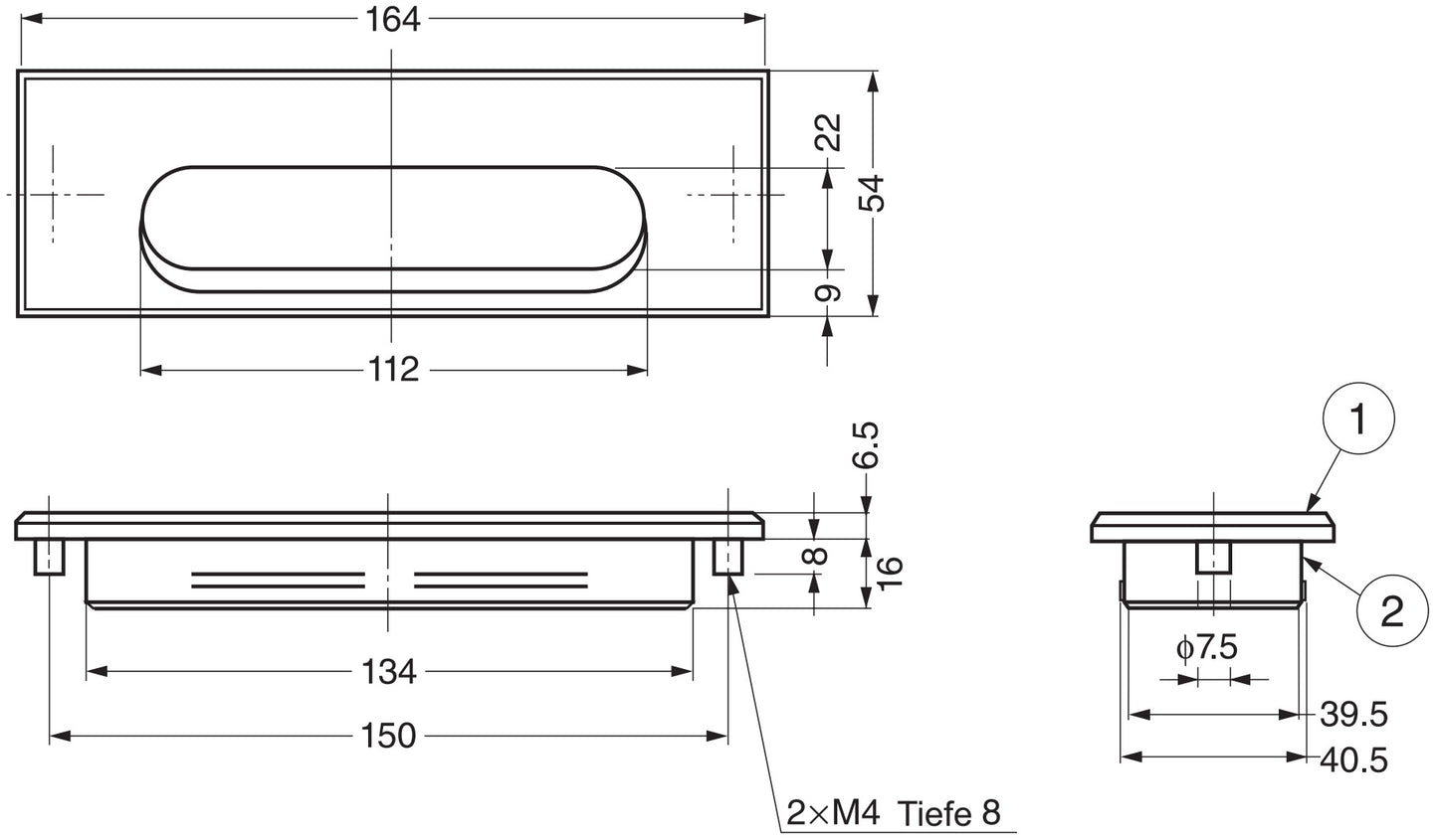 High-quality rectangular recessed pull made of solid zinc alloy, surface: chrome-plated, 164 mm (6.5") SD-160CR. Furniture handle SD-160CR for drawers, cabinets, office furniture, bedroom furniture, and kitchen furniture, by Sugatsune / LAMP® (Japan)