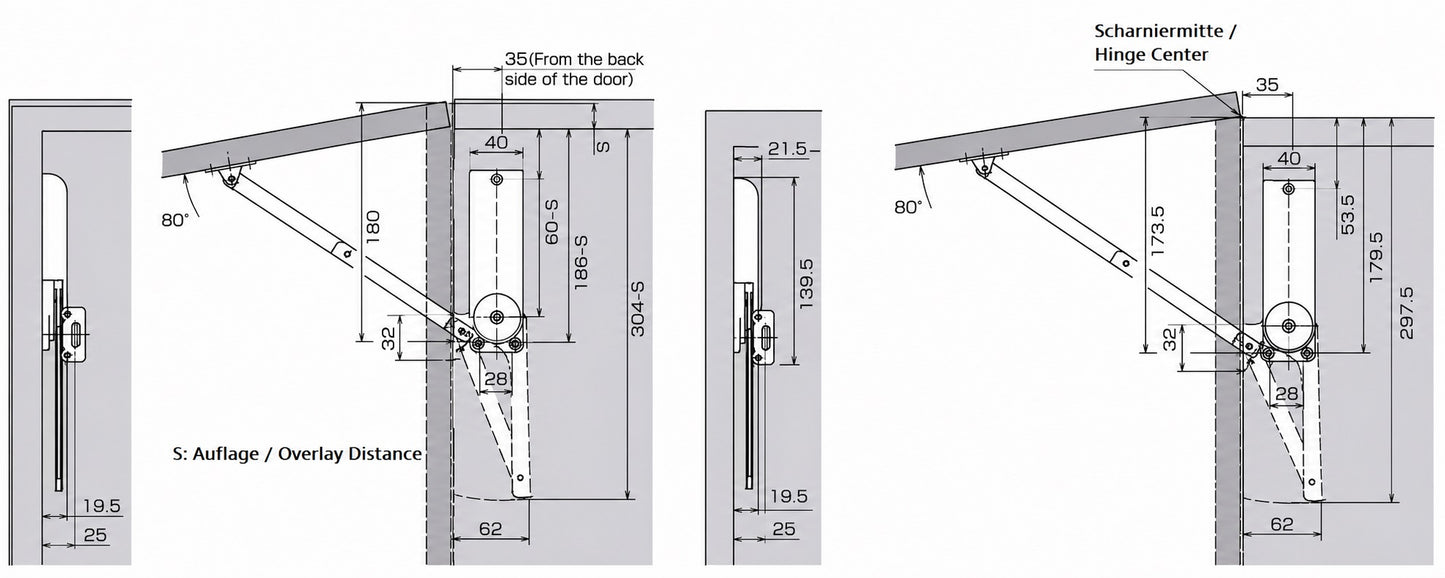 High-quality flap stay, finish: white, version: left, HDS-30HL-WT for lift-up flaps, kitchen cabinets