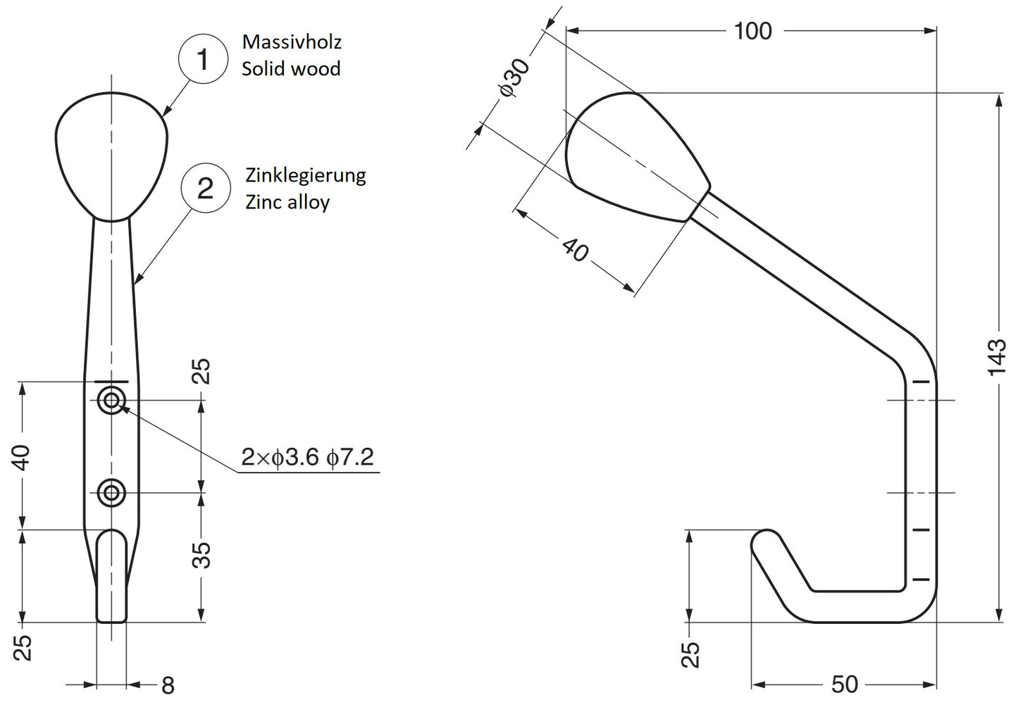 Patère classique de haute qualité pour montage mural, avec pointe de crochet en bois massif, capacité de charge : 15 kg, 143 mm (5,7″), SW-B-140WB. Crochets en bois massif pour armoires, entrées, salons et bien plus encore, de Sugatsune / LAMP® (Japon)