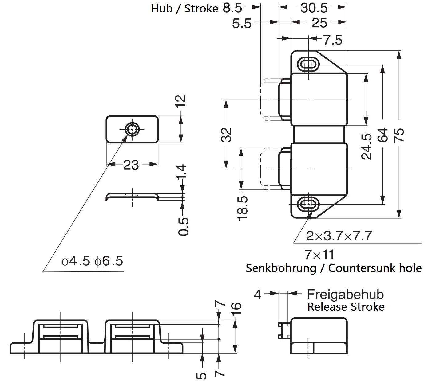 Kompakter Magnet-Druckschnäpper, inkl. Gegenplatte, Oberfläche: braun, 25 mm (63/64″), mit 2 Stößeln, ML-30WBR für Möbeltüren, Schranktüren