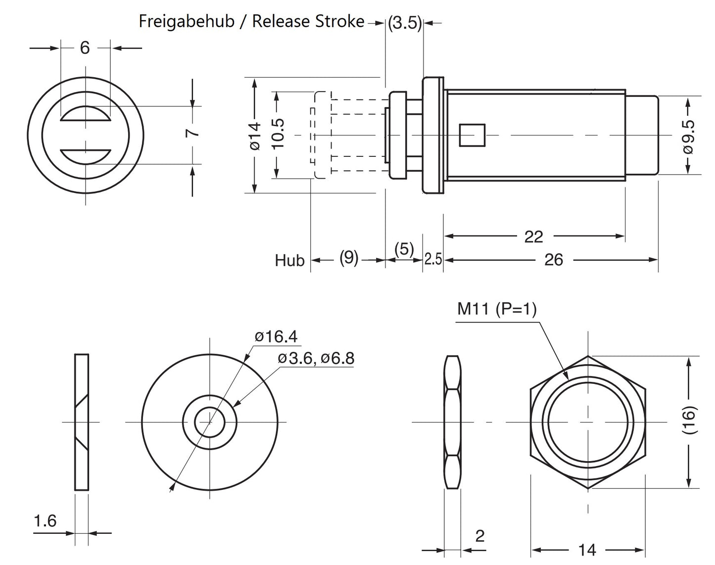 2 loqueteaux magnétiques à bouton-poussoir, avec filetage M11, avec écrou M11 et contre-plaque, PM-4N HB pour tôle, panneau en bois, porte de maintenance, armoire métallique