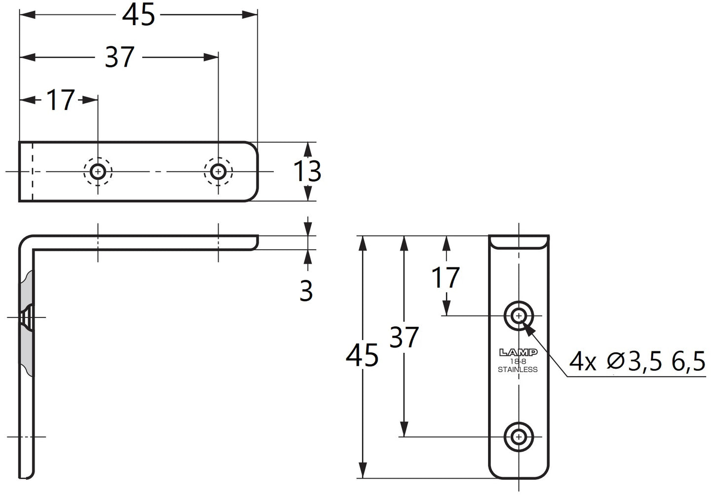 2 pieces of corrosion-resistant, robust mounting brackets, made of solid stainless steel, load capacity: 10 kg, surface: satin matte, 45 mm (1.8"), SU-45S. Shelf brackets for shelves, trays, and much more, from Sugatsune / LAMP® (Japan)