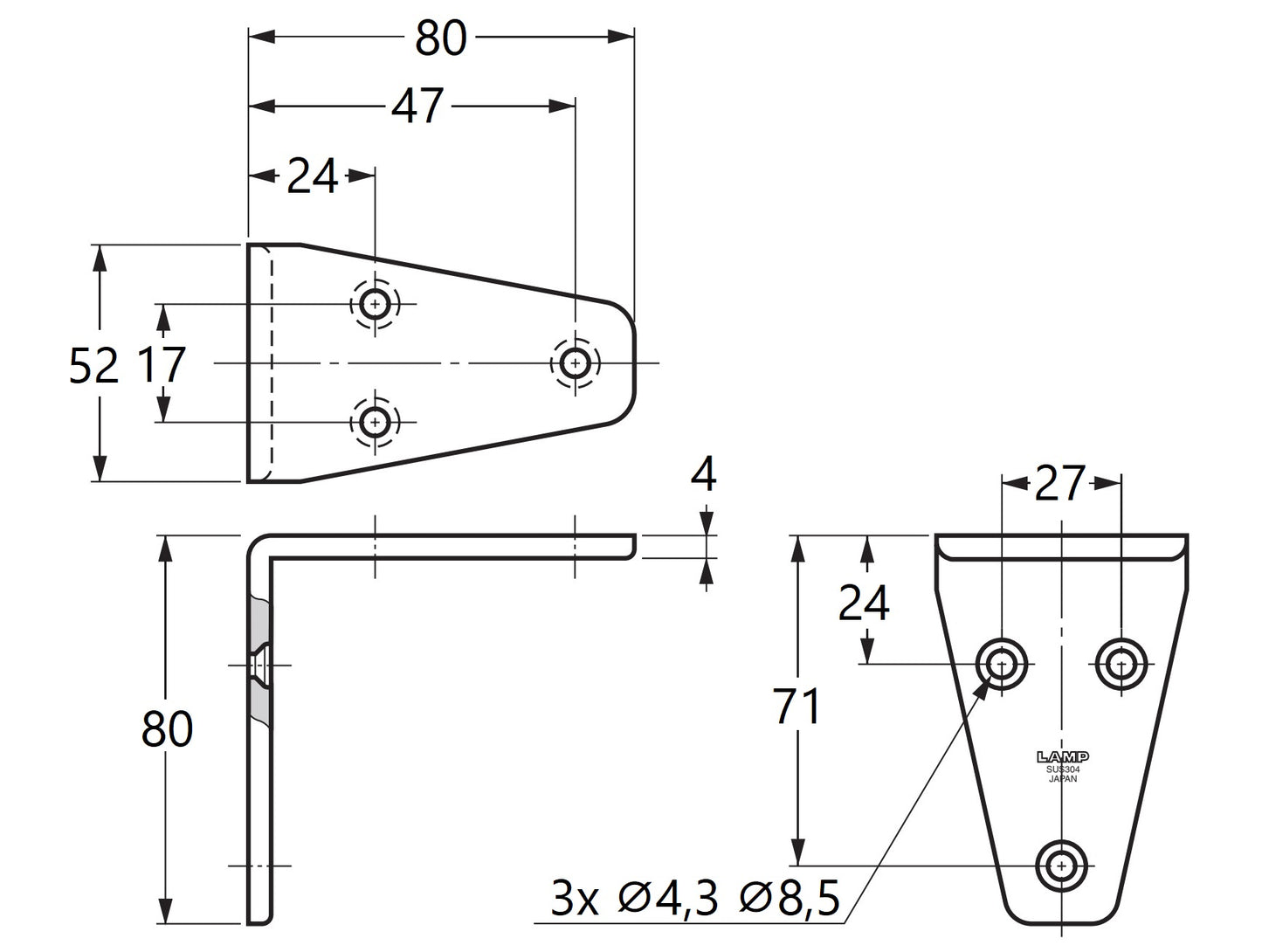2 Stück korrosionsbeständiger robuster Montagewinkel, aus massivem rostfreiem Edelstahl, Tragkraft: 28 kg, Oberfläche: satiniert matt, SV-80S. Regalwinkel für Trennwand, Regalboden und viel mehr, von Sugatsune / LAMP® (Japan)