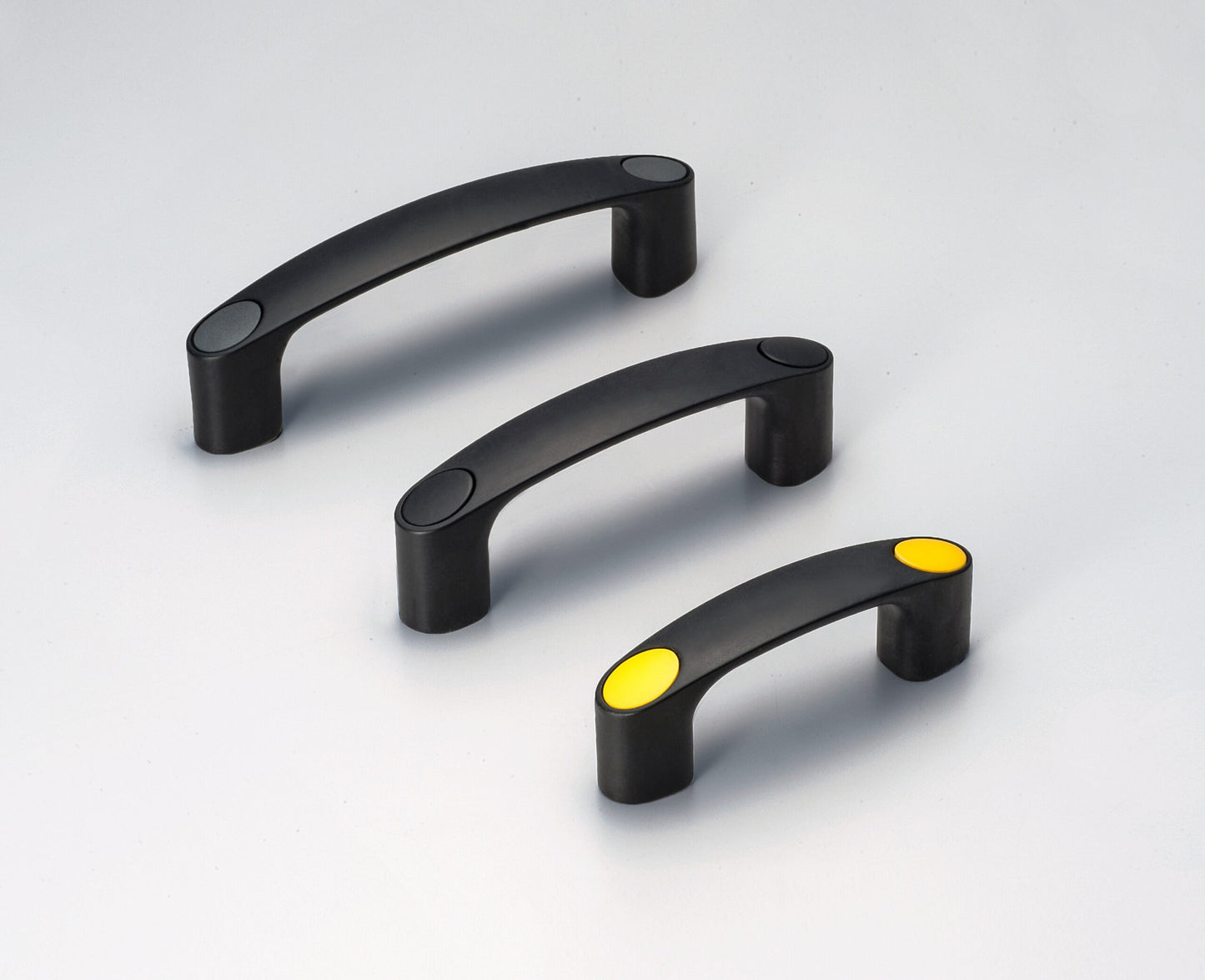 Hochwertiger robuster Gerätegriff aus verstärktem Nylon, schwarz mit gelben Abdeckkappen, 120 mm (4,8″) MJH-120-YE. Maschinengriff MJH-120-YE für Industrieschränke, Produktionsanlagen, Maschinenbau, von Sugatsune / LAMP® (Japan)