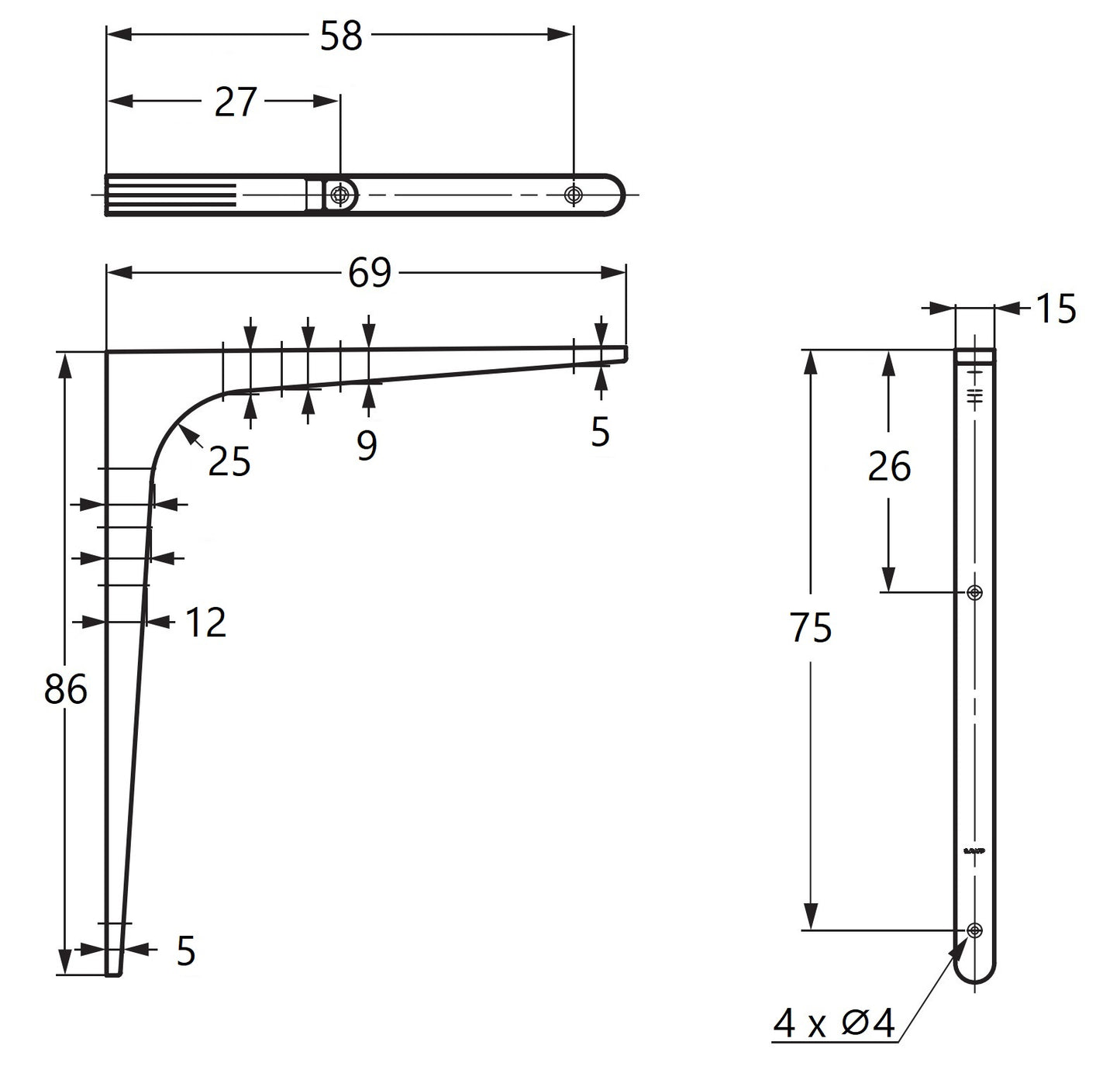 2 high-quality rust-proof mounting brackets, made of solid stainless steel, load capacity: 30 kg (67 lbs), 86 mm (3.4"), BT-85. Shelf brackets for outdoor use, swimming pools, bathrooms, boats, and much more, from Sugatsune / LAMP® (Japan)