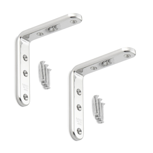2 high-quality mounting brackets, made of solid stainless steel, load capacity: 34 kg, surface: glossy polished, 90 mm (3.6"), SU-A90M. Shelf brackets for shelves, trays, and much more, from Sugatsune / LAMP® (Japan)