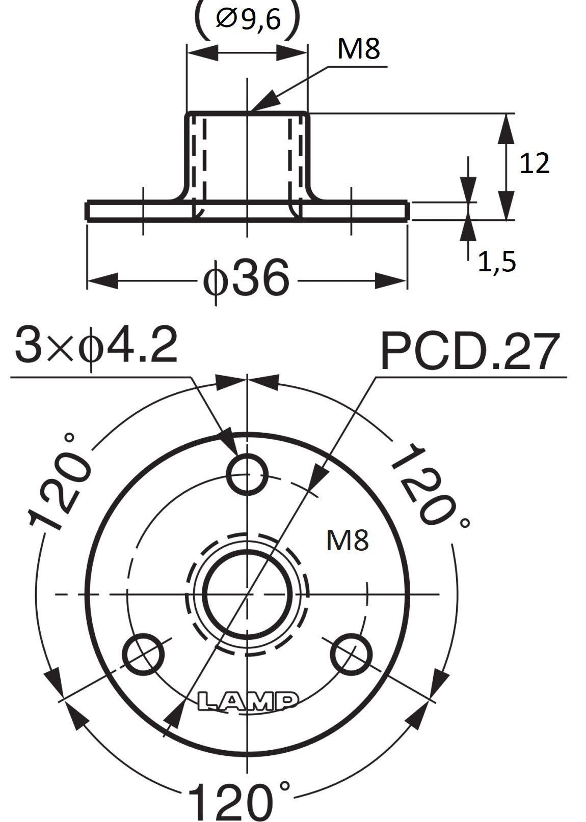 4 Stück runde Montageplatte mit M8 Gewinde, Befestigungsplatte, aus rostfreiem Edelstahl, 36 mm (1,5″), AP36-M8. Anschraubplatte, für Möbelfüße, Möbelrollen, Maschinenfüße, Schrankbeine, Sofafüße und viel mehr, von Sugatsune / LAMP® (Japan)