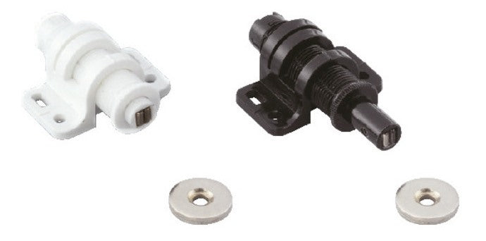 2 round magnetic push-buttons with adjustment, including counter plate, surface: black, MC-25BL for furniture doors, cabinet doors
