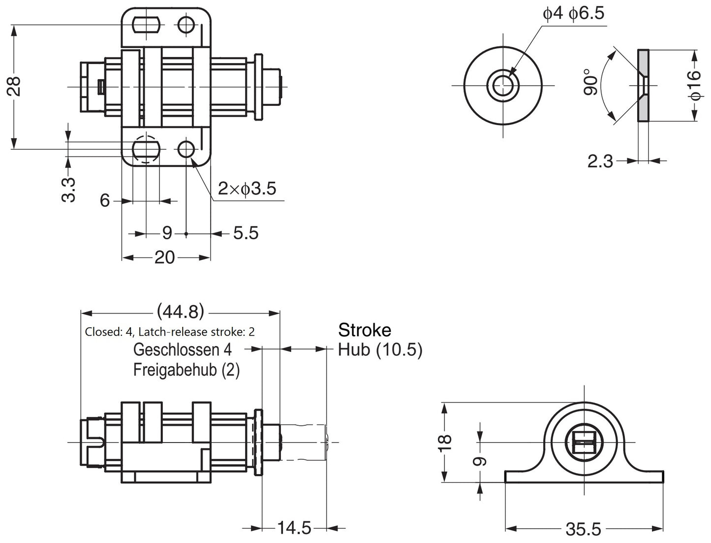 2 round magnetic push-buttons with adjustment, including counter plate, surface: black, MC-25BL for furniture doors, cabinet doors