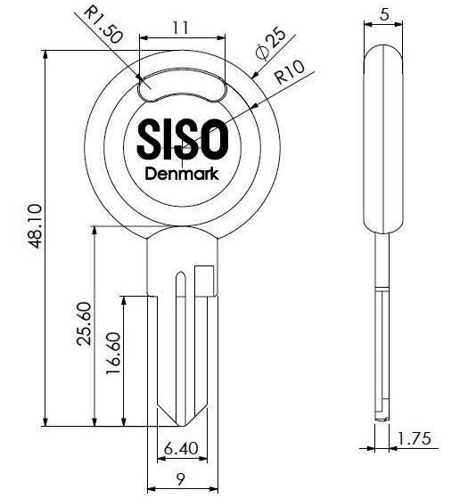 Key blank, 48.1 mm (1.9"). Metal and plastic key blank for lock 8813, handle lock L-44, handle lock 177, handle lock T-44, handle lock 1821, handle lock 1822, cam lock X-44, and bascule lock 7080, from SISO Denmark