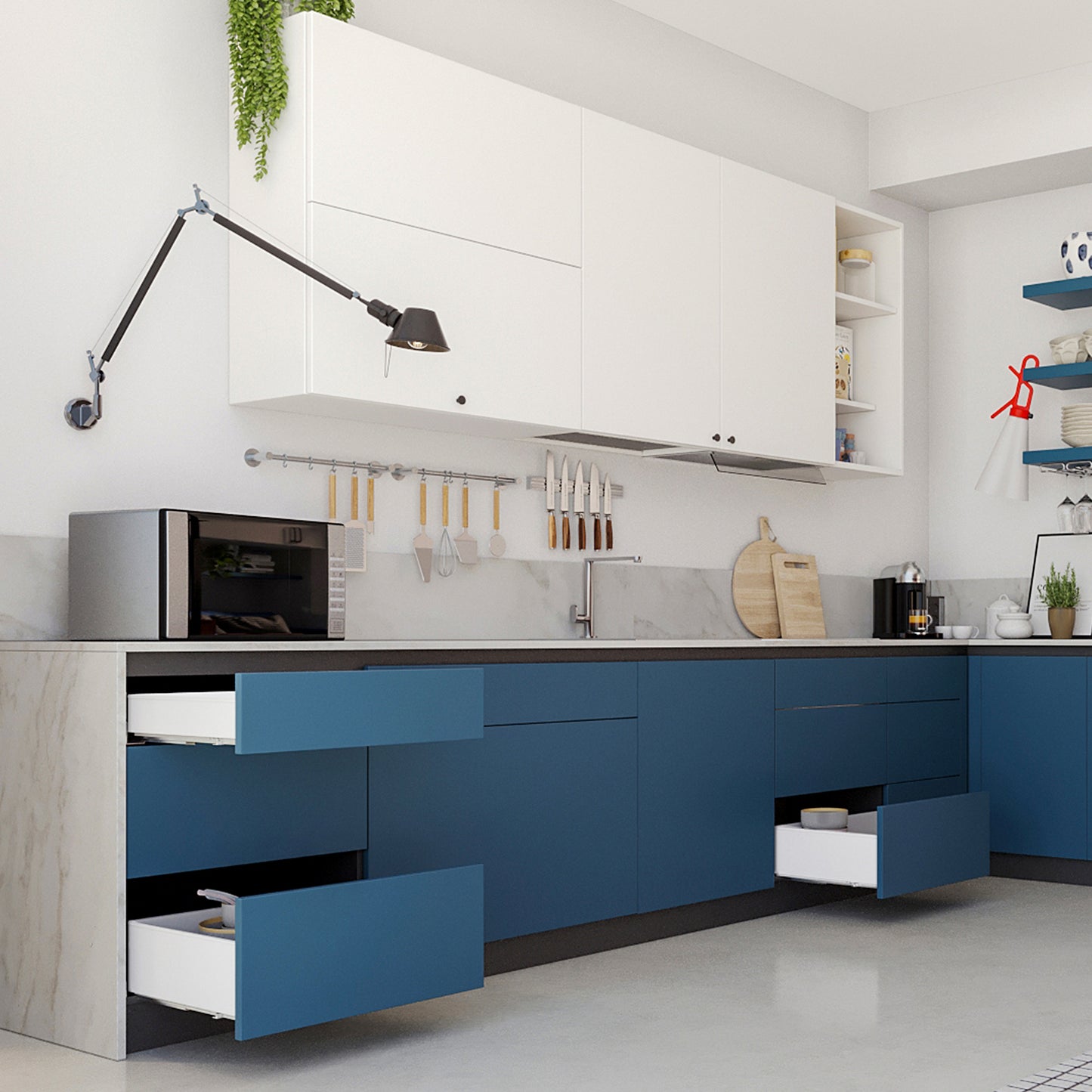 Drawer set with extra-thin sides, height: 88 mm, white, drawer depth: 340 mm, partial extension with push-to-open mechanism, 3275112 for kitchen furniture