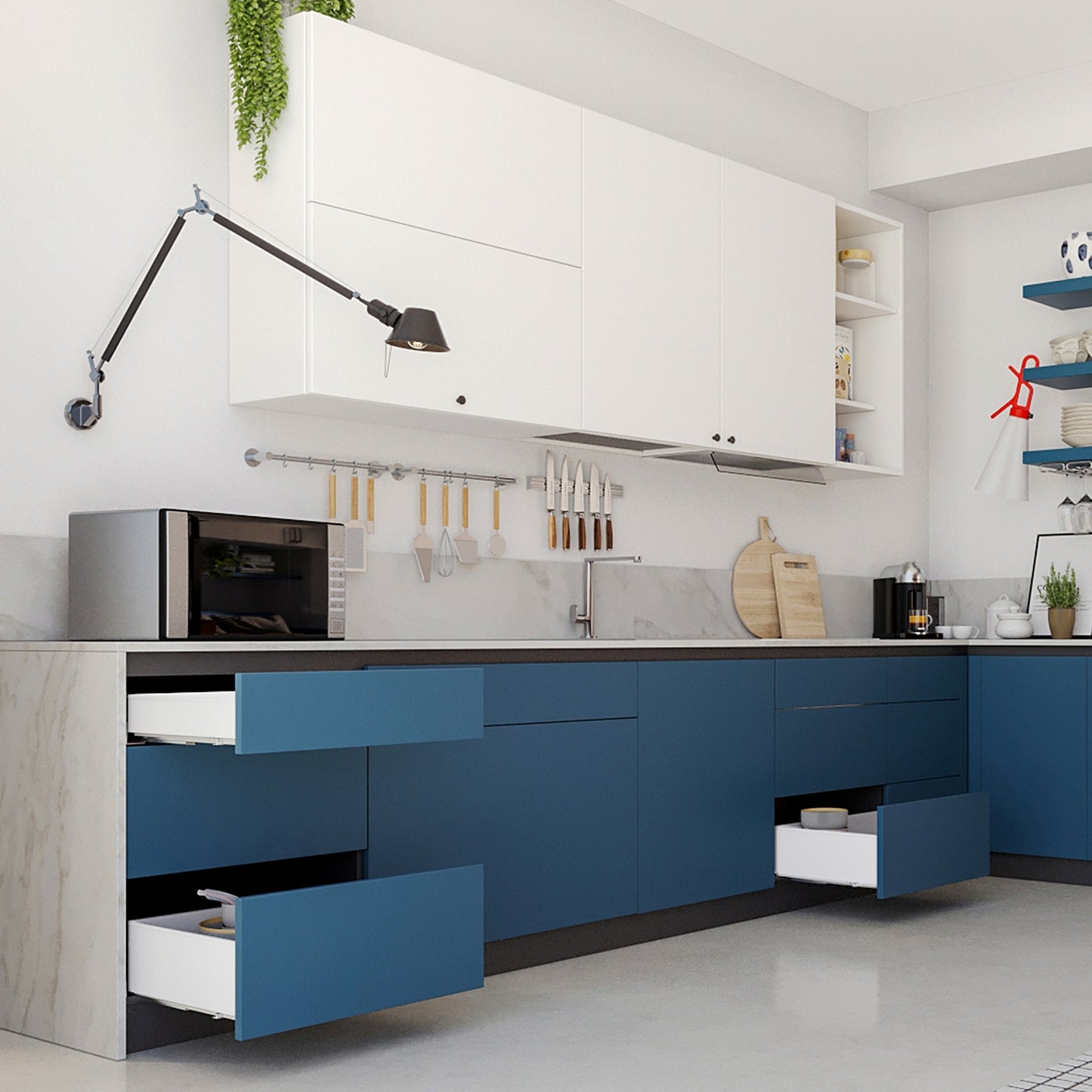 Drawer set with extra-thin sides, height: 88 mm, white, drawer depth: 440 mm, partial extension with push-to-open mechanism, 3275312 for kitchen furniture