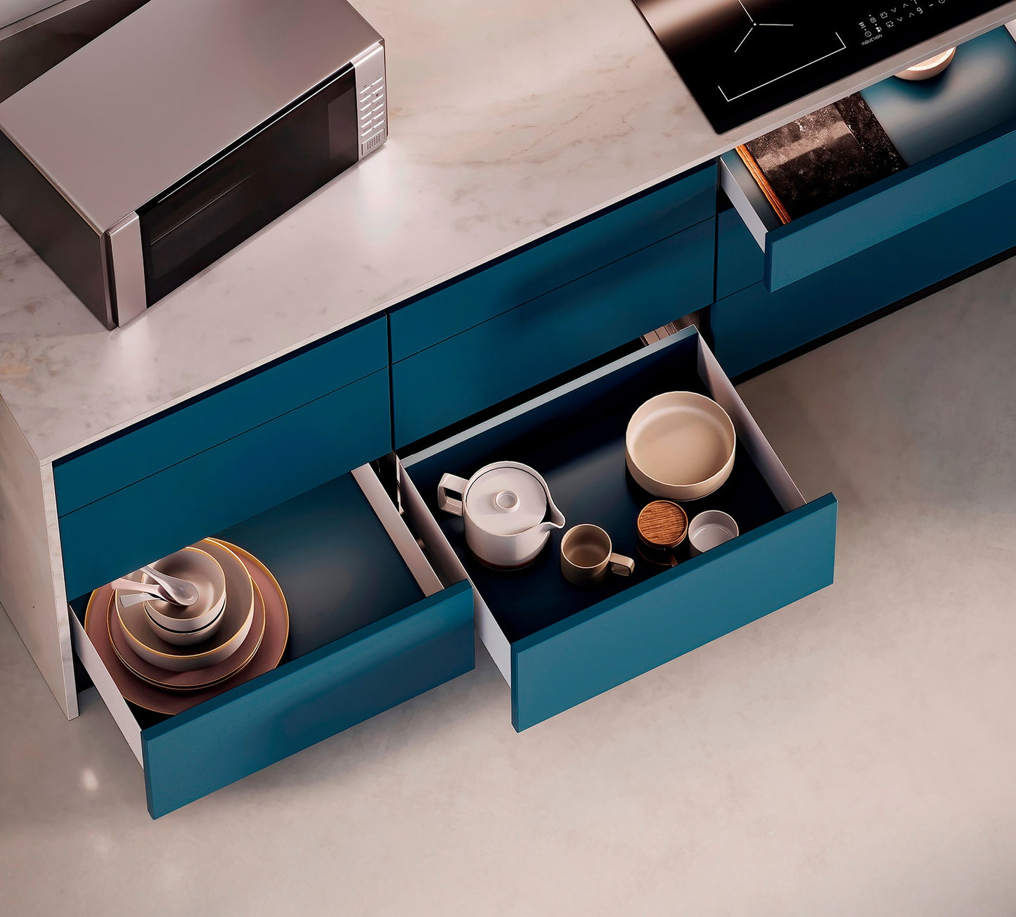 Drawer set with extra-thin sides, height: 88 mm, white, drawer depth: 440 mm, partial extension with push-to-open mechanism, 3275312 for kitchen furniture