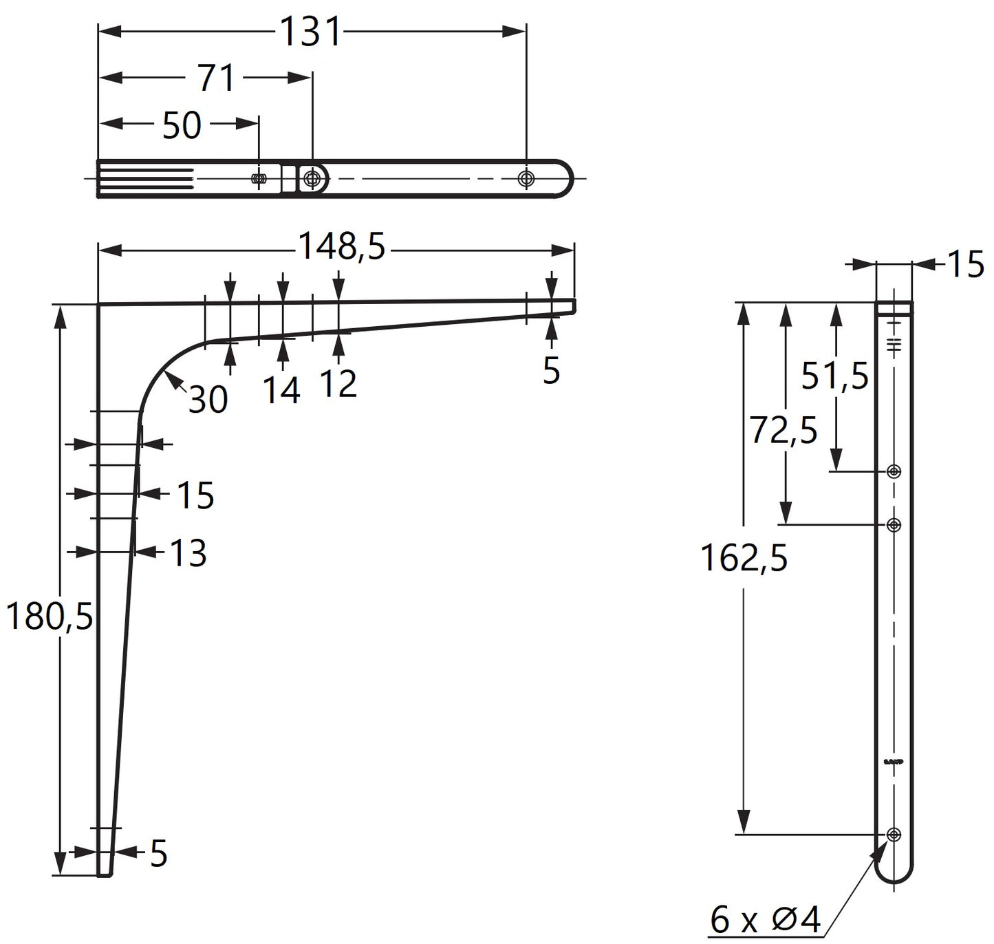 2 high-quality heavy-duty mounting brackets, load capacity: 50 kg (111 lbs), finish: white, 180.5 mm (7.2"), BTK-180W. Heavy-duty shelf brackets for shelves, dividers, shelves, corner joints, and much more, from Sugatsune / LAMP® (Japan)