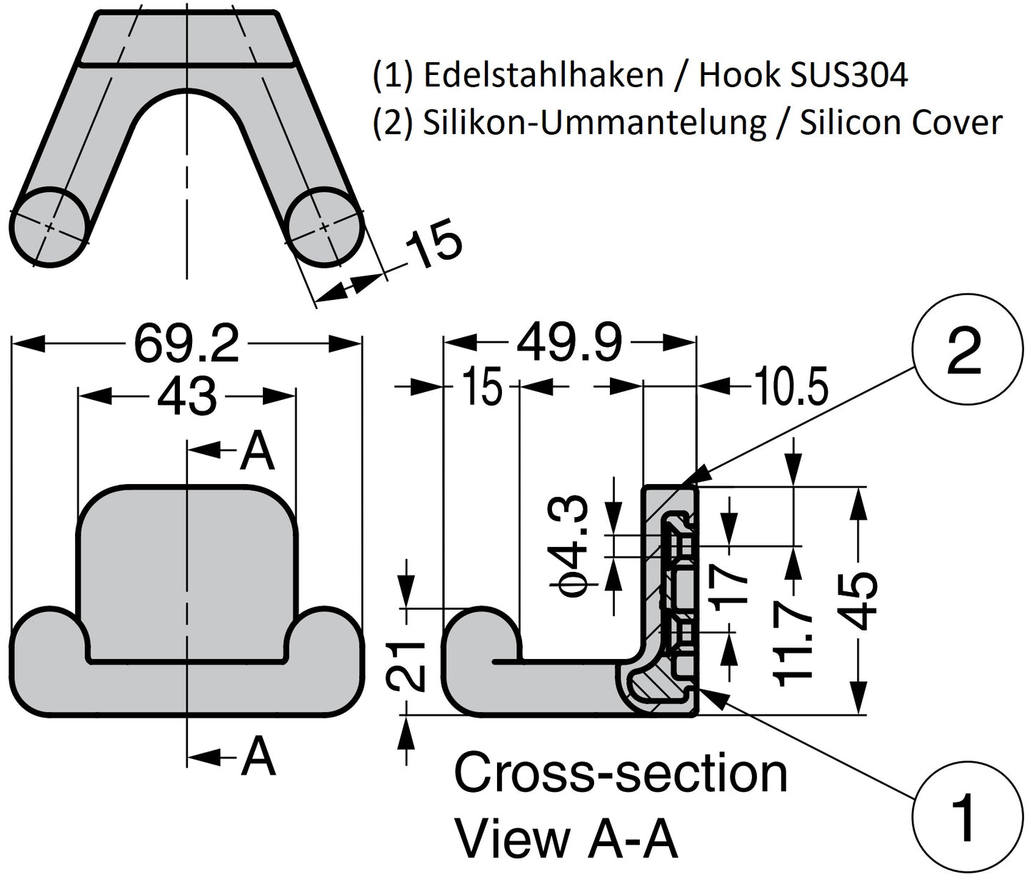 Hochwertiger Silikonhaken für Wandmontage, aus massivem rostfreiem Edelstahl, Oberfläche: weiß, Ausführung: mit zwei Hakenspitzen, PXB-GR05-212-WT. Gummihaken für Kindergarten, Schule und viel mehr, von Sugatsune / LAMP® (Japan)