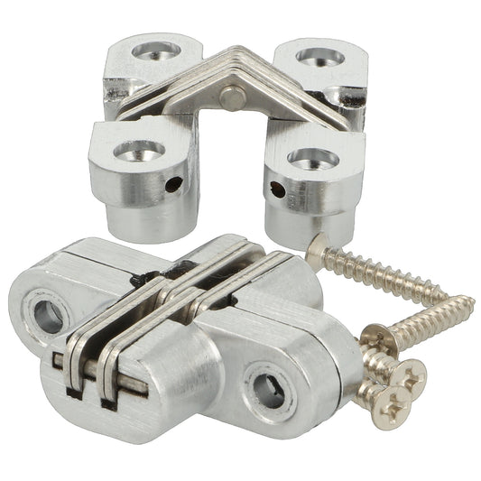 Two high-quality invisible cross hinges, 45 x 13 mm, made of Zamak, with a stainless steel look, including screws. Concealed furniture hinge from UMAXO®, folds 180°. Hidden furniture hinge (vici hinge) for recessed installation.