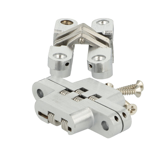 Two high-quality invisible cross hinges, 60 x 13 mm, made of Zamak, with a stainless steel look, including screws. Concealed furniture hinge from UMAXO®, folds 180°. Hidden furniture hinge (vici hinge) for recessed installation.