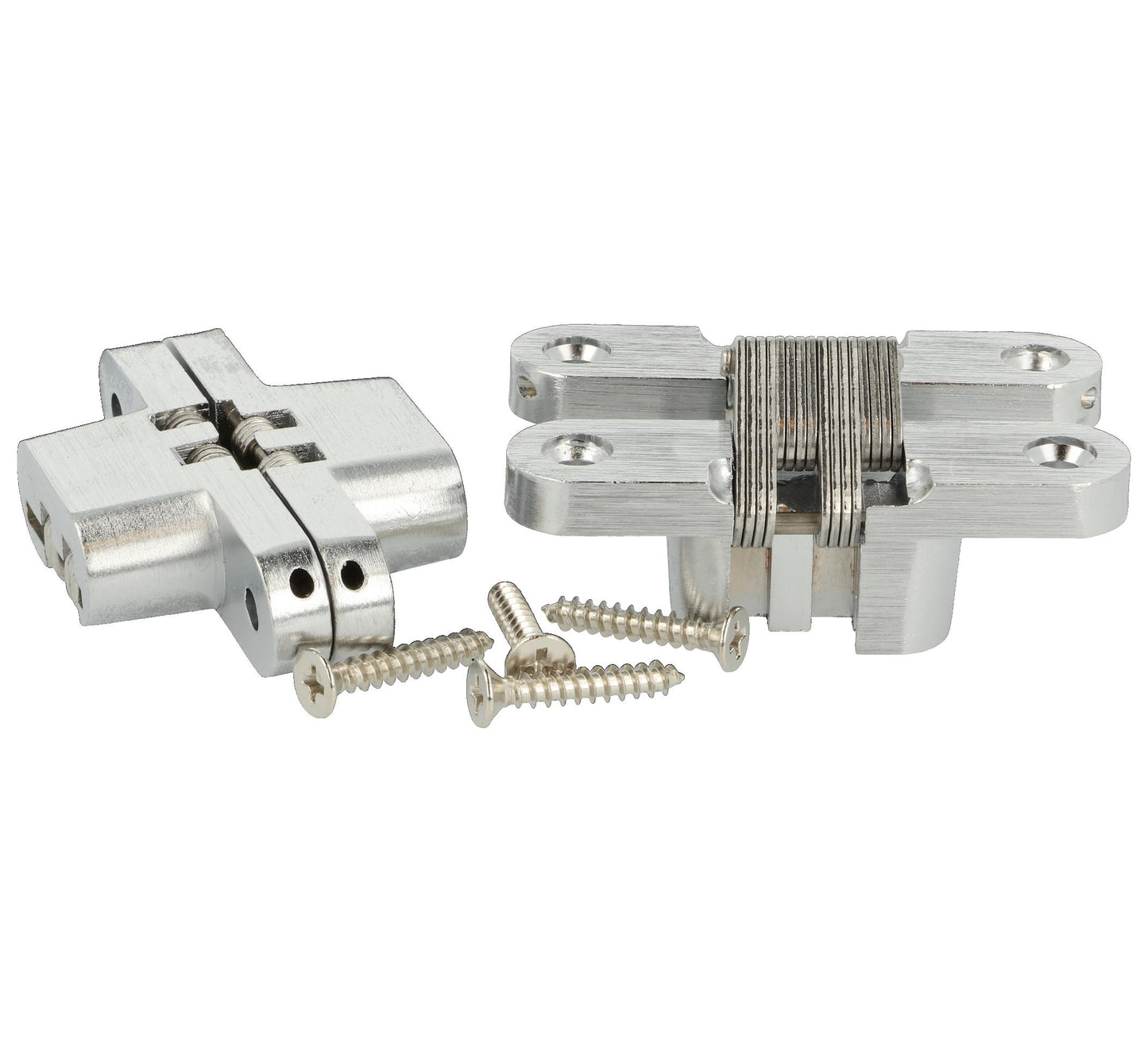 2 Stück hochwertige unsichtbare Kreuz-Scharniere 70 x 16mm aus Zamak, Edelstahl-Look, inkl. Schrauben. Verdecktes Möbelband von UMAXO®, 180° klappbar. Verstecktes Möbelscharnier (vici hinge) zum einlassen