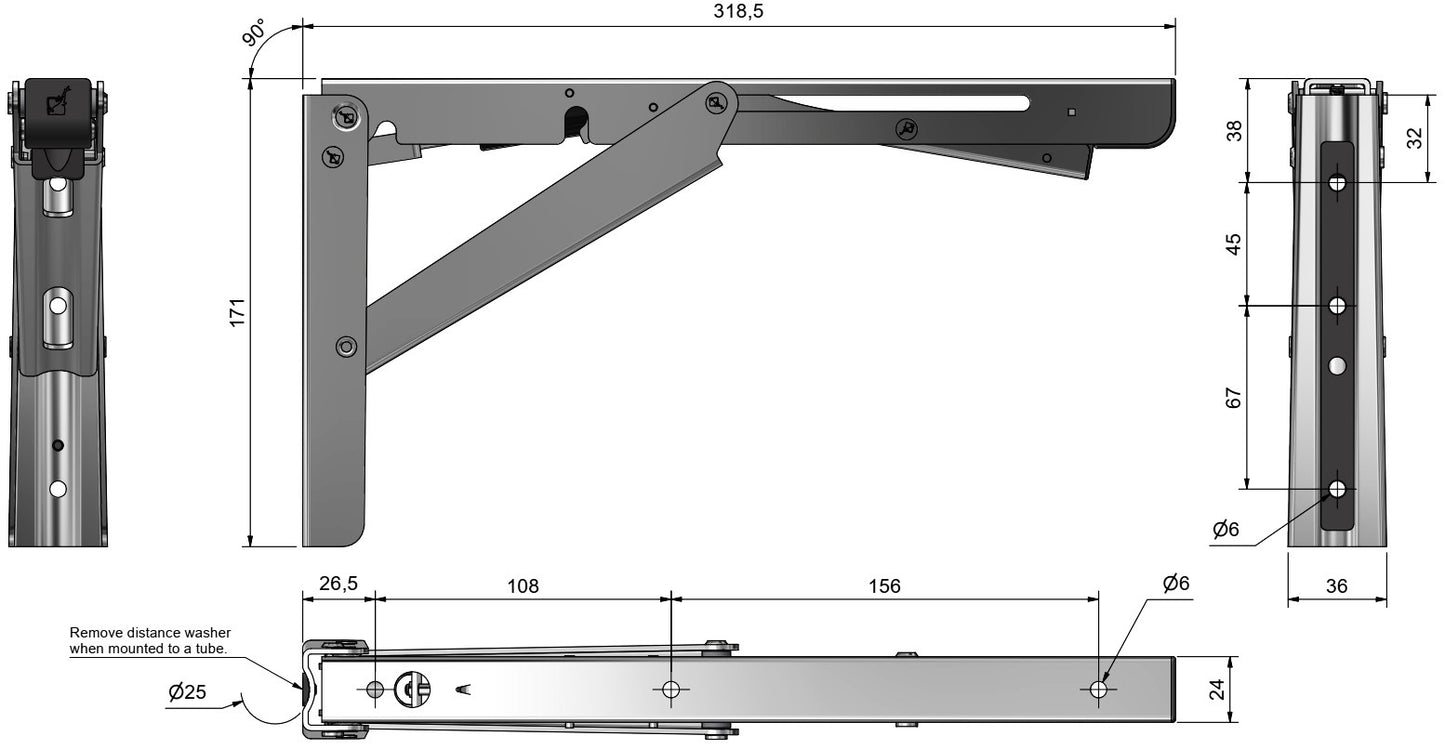 Support de table pliant robuste de haute qualité avec amortisseur à fermeture douce EB-317-DA en acier inoxydable. Console pliable avec une capacité de charge jusqu'à 200 kg. Support de rabat de ROCA / Sugatsune