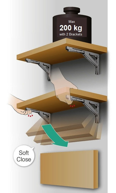 Support de table pliant robuste de haute qualité avec amortisseur à fermeture douce EB-317-DA en acier inoxydable. Console pliable avec une capacité de charge jusqu'à 200 kg. Support de rabat de ROCA / Sugatsune