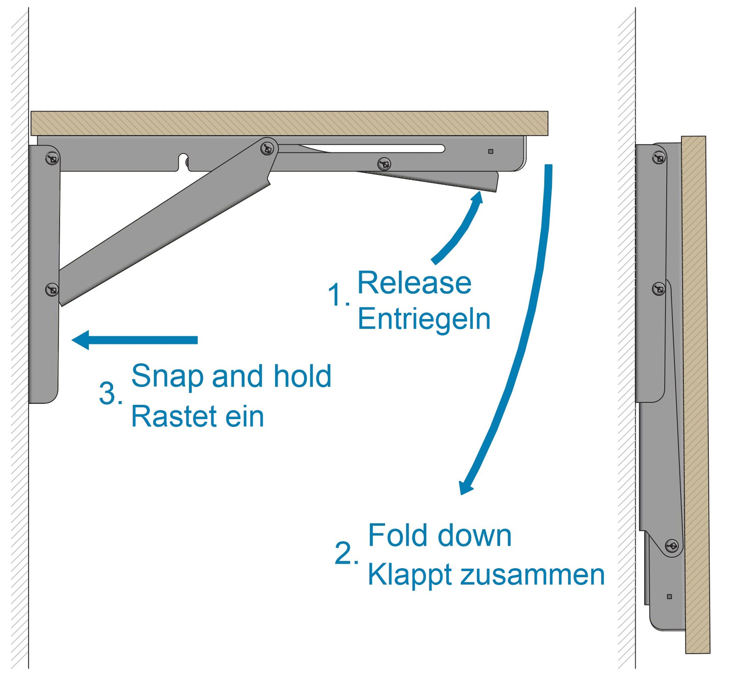 2 supports de table pliants robustes de haute qualité EB-303 en acier inoxydable. Une paire de supports pliables avec une capacité de charge allant jusqu'à 150 kg. Supports de rabat de ROCA / Sugatsune