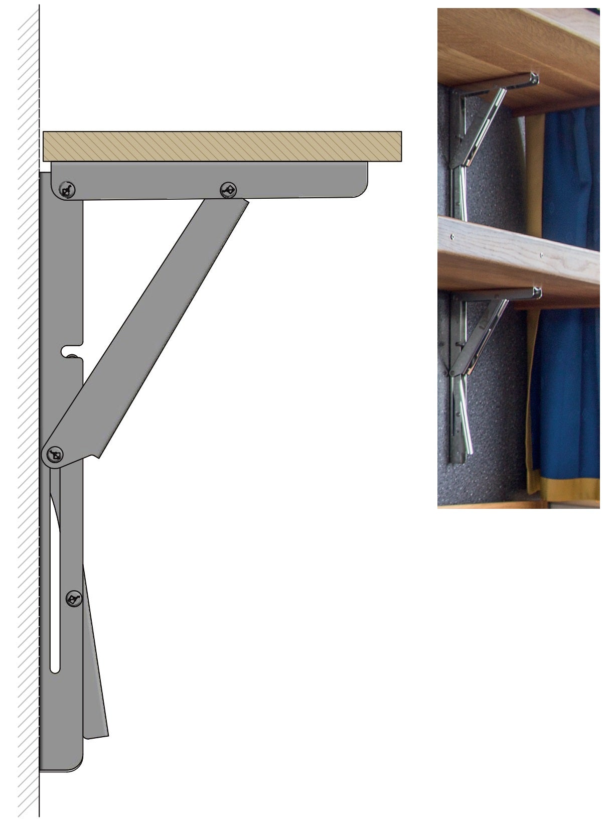 2 supports de table pliants robustes de haute qualité EB-303 en acier inoxydable. Une paire de supports pliables avec une capacité de charge allant jusqu'à 150 kg. Supports de rabat de ROCA / Sugatsune