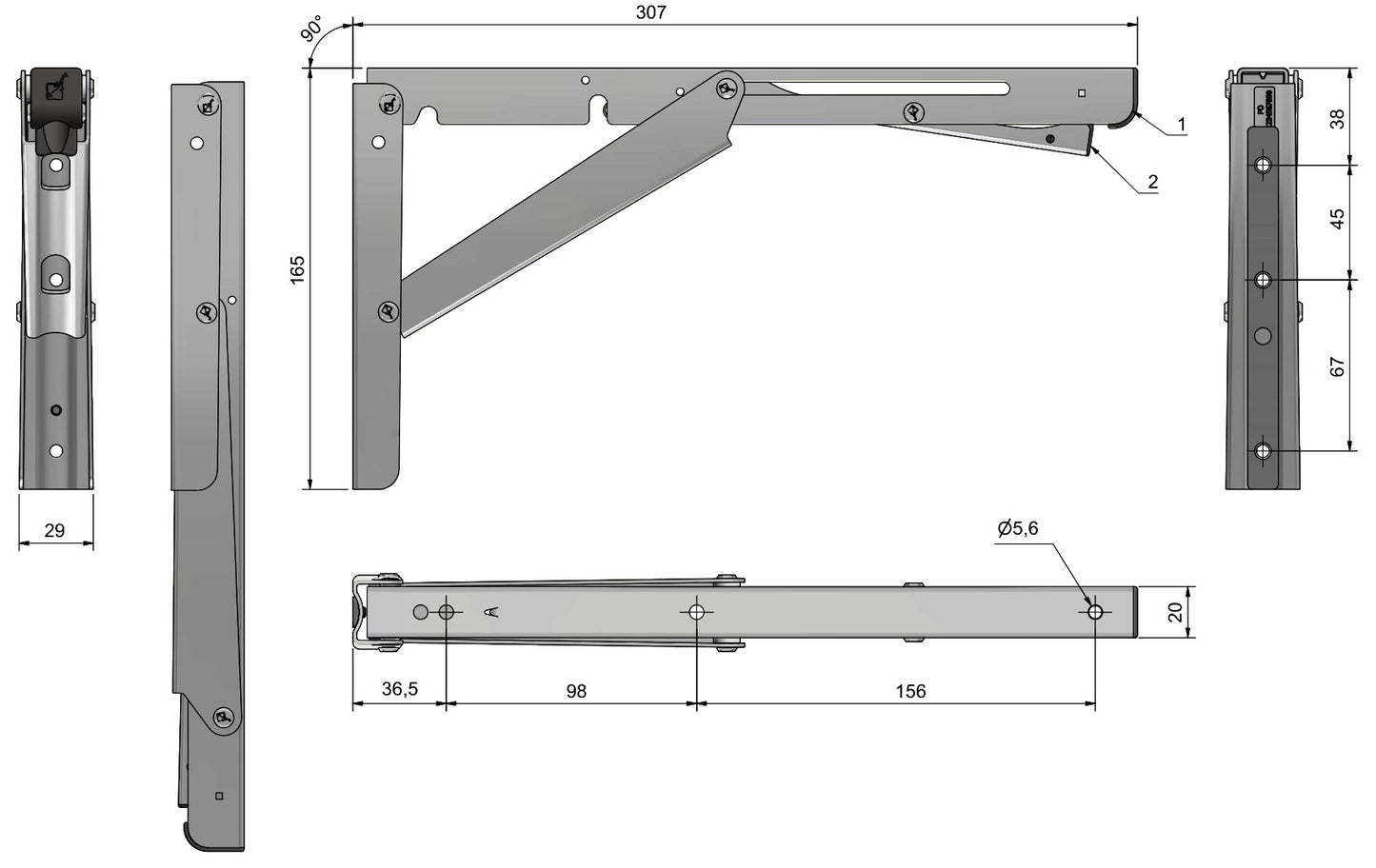2 supports de table pliants robustes de haute qualité EB-303 en acier inoxydable. Une paire de supports pliables avec une capacité de charge allant jusqu'à 150 kg. Supports de rabat de ROCA / Sugatsune