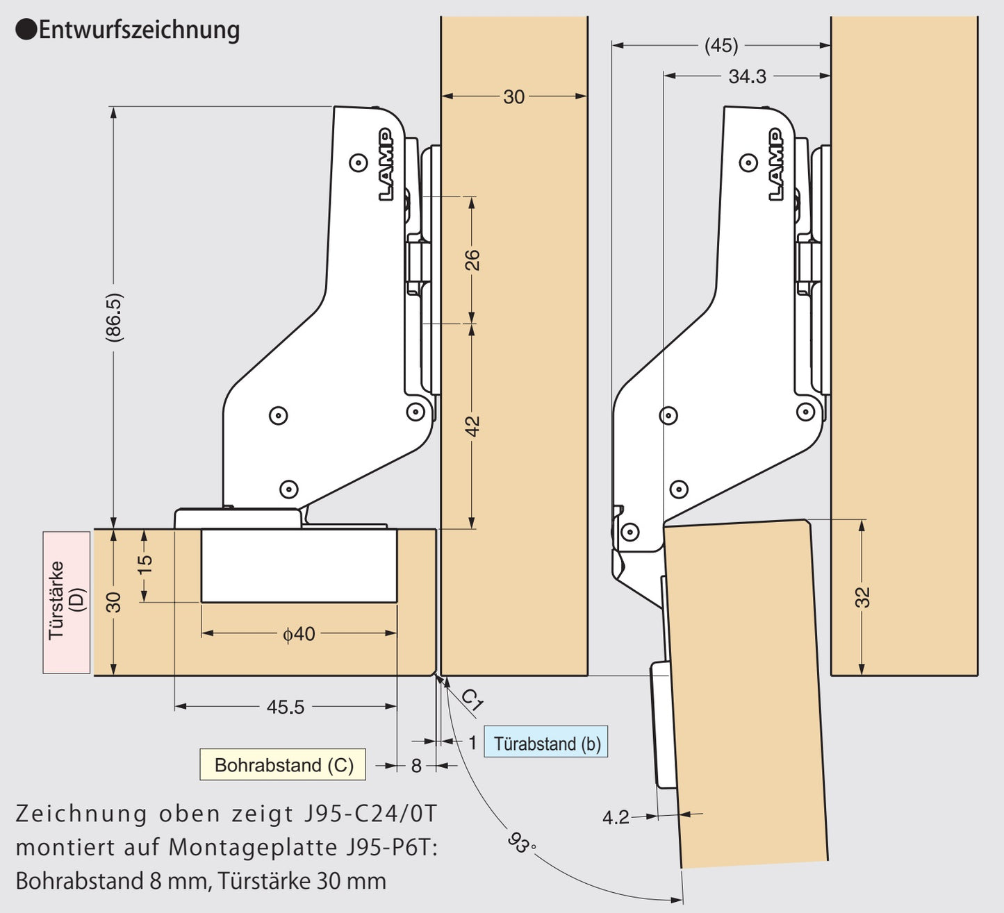 2 charnières de meubles robustes J95 pour portes extra lourdes jusqu'à 25 kg ! Incl. plaques de montage. Charnière à coupelle robuste, charnière de meuble avec coupelle de 40 mm de LAMP® / Japon (encart)