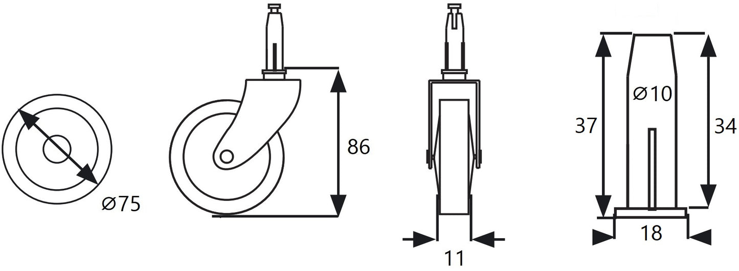 4 Stück klassische Teewagenrolle, Tragkraft: 60 kg, vernickelt, Durchmesser: ⌀75 mm (2-61/64″), 08.01.110-1 für Teewagen, Servierwagen, Beistellwagen