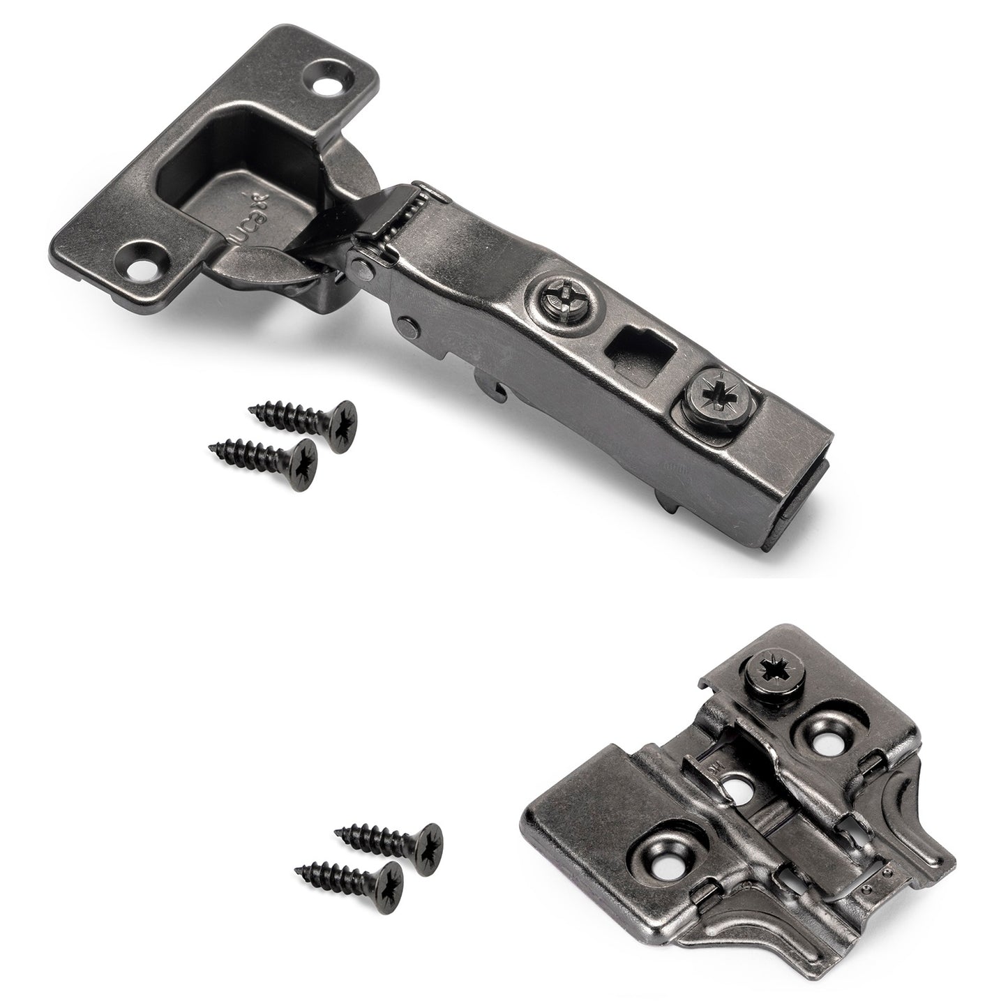 Concealed hinge, soft-close, clip-on installation, 3D adjustable, including mounting plate, surface: black nickel, surface-mounted, 1040052 for furniture, cabinets